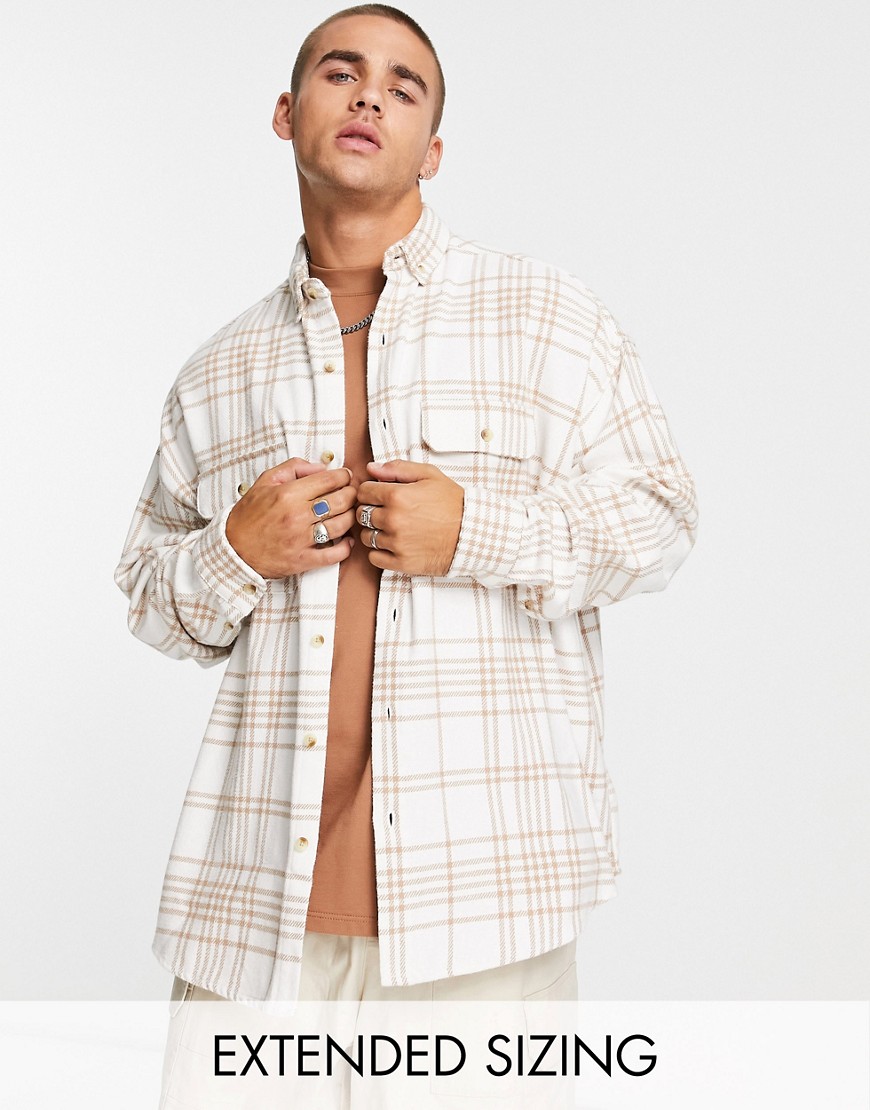 ASOS DESIGN extreme oversized brushed flannel check shirt in ecru-White