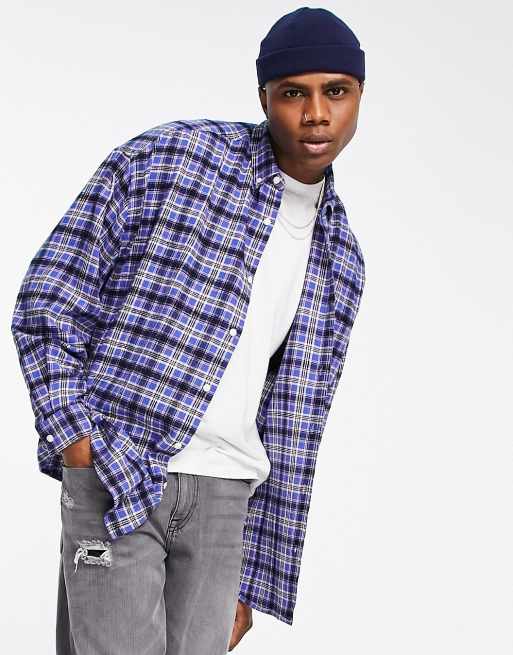 Navy Plaid Flannel Shirt Jacket with White and Violet Crew-neck T