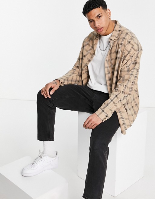 ASOS DESIGN extreme oversized check shirt in beige grid
