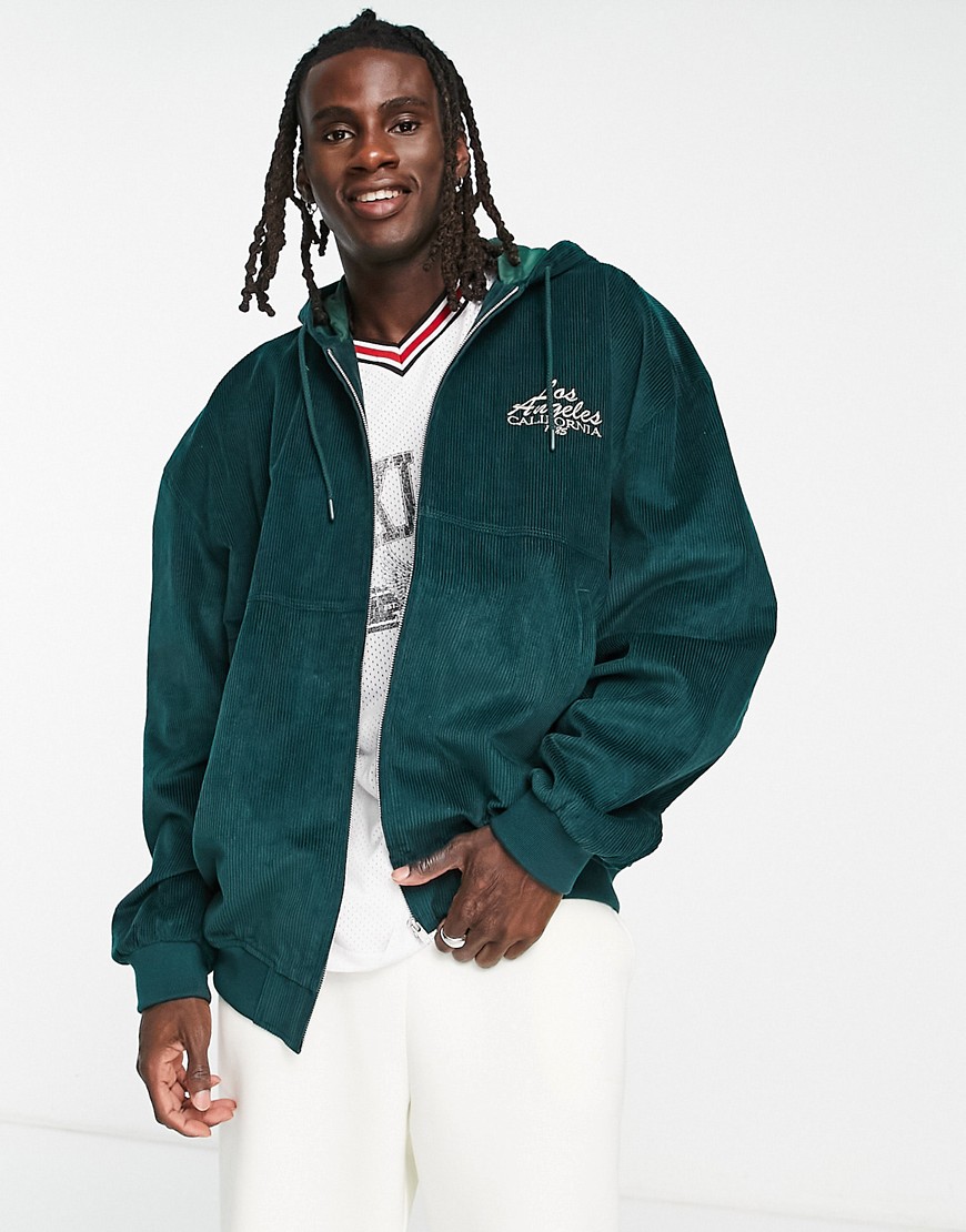ASOS DESIGN extreme oversized cord varsity bomber jacket with hood in green