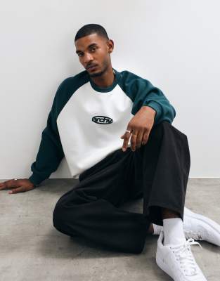 Asos Design Extreme Oversized Crew Neck With Contrast Sleeve And Pigment Print In White