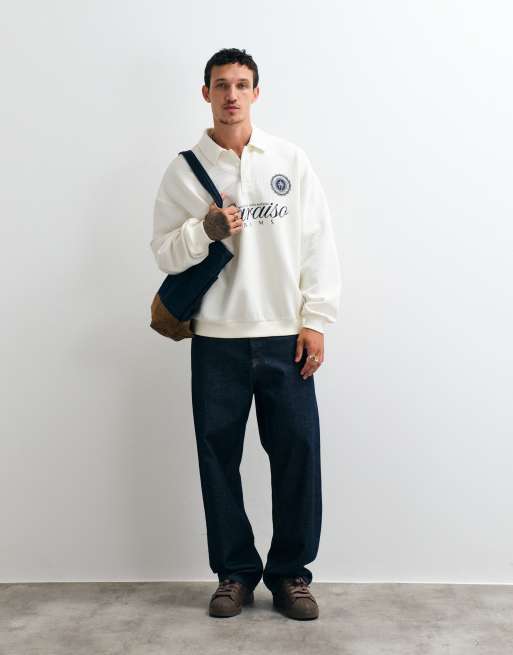 ASOS DESIGN extreme oversized crew with blue text print in cream, 3 of 5