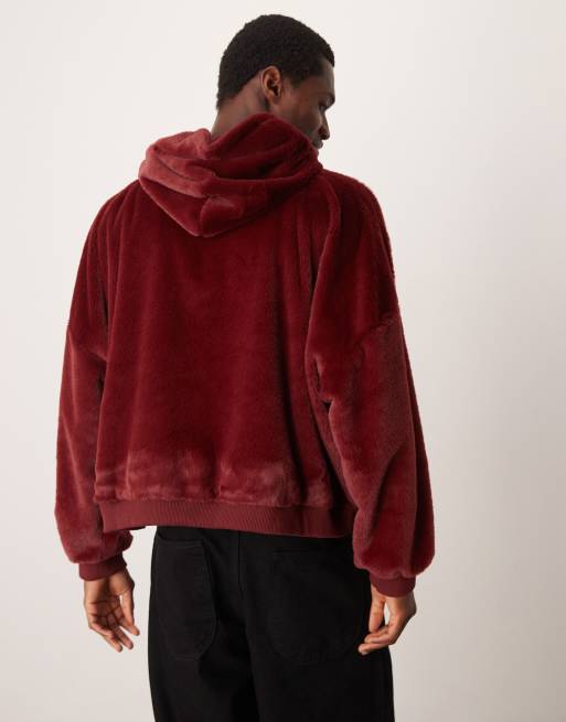 ASOS Design Extreme Oversized Cropped Faux Fur Hoodie in burgundy Red