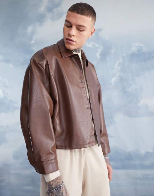 ASOS DESIGN oversized real leather varsity jacket in brown