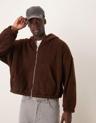 Asos Design Extreme Oversized Cropped Fleece Zip Through Hoodie In Brown - Part Of A Set