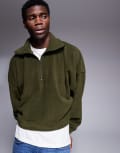 [ASOS DESIGN] ASOS DESIGN extreme oversized cropped jumper with half zip neck in khaki fleece-Green XL KHAKI