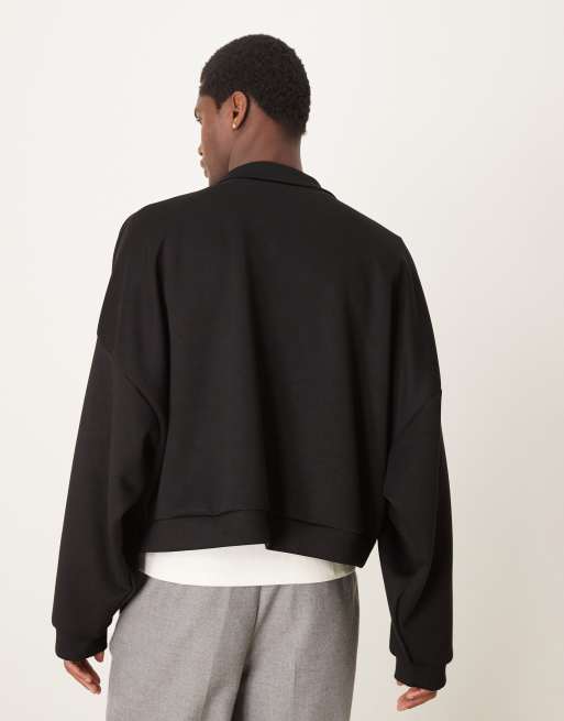 ASOS DESIGN extreme oversized cropped soft scuba-style fabric track jacket in black , 3 of 4