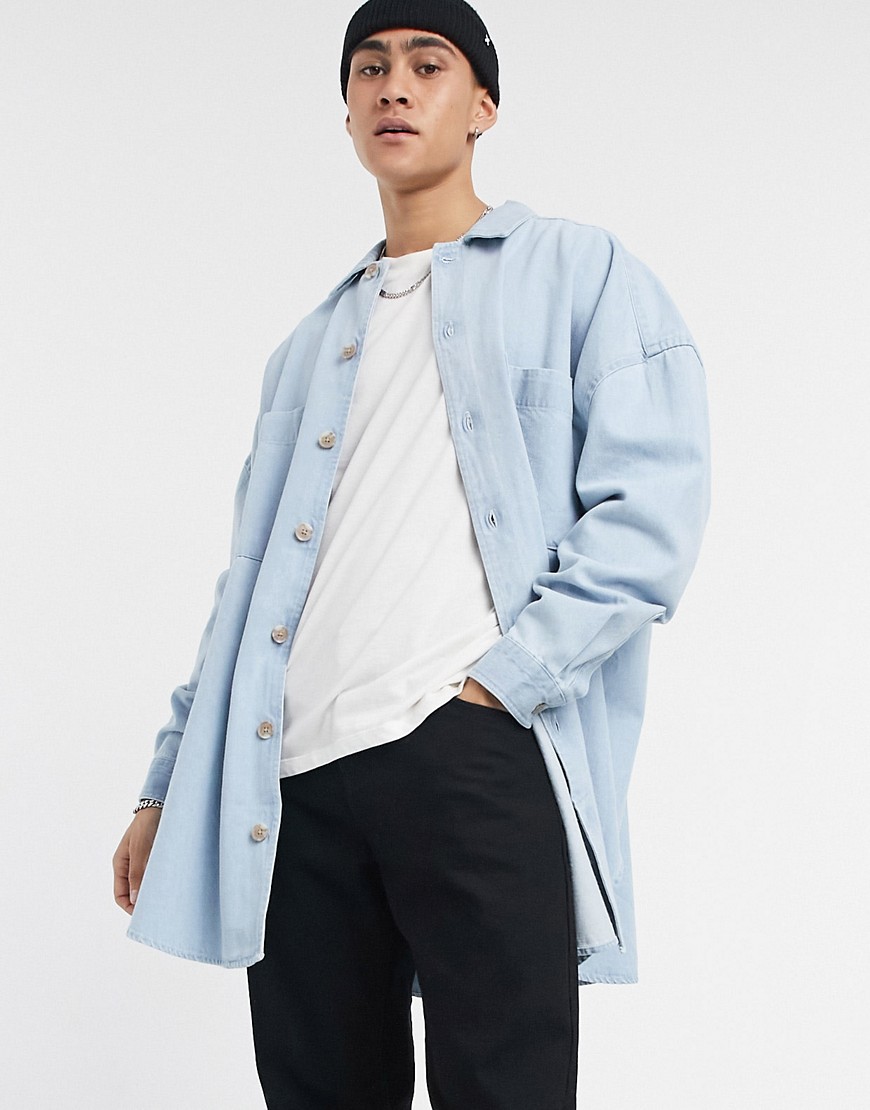 ASOS DESIGN extreme oversized denim overshirt in bleach wash with mock horn buttons-Blues