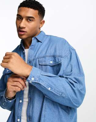 ASOS DESIGN extreme oversized denim shirt in vintage western styling in blue