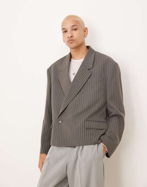 ASOS DESIGN - Extreme oversized double breasted cropped blazer in grijs met krijtstreep - view 1