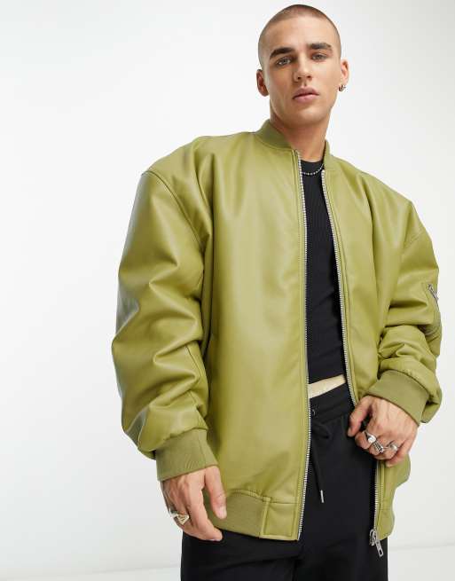 ASOS DESIGN oversized varsity bomber jacket with faux leather sleeves in  green