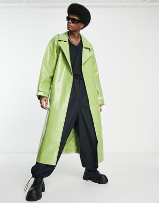 ASOS DESIGN extreme oversized faux leather trench coat in green - ASOS Price Checker