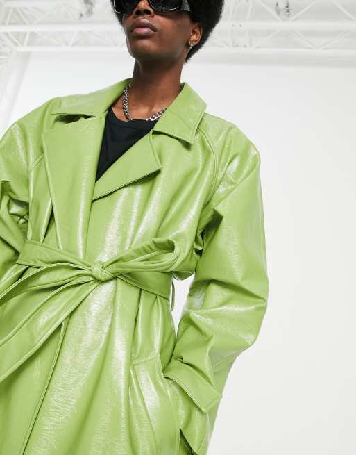 ASOS DESIGN extreme oversized faux leather trench coat in green | ASOS