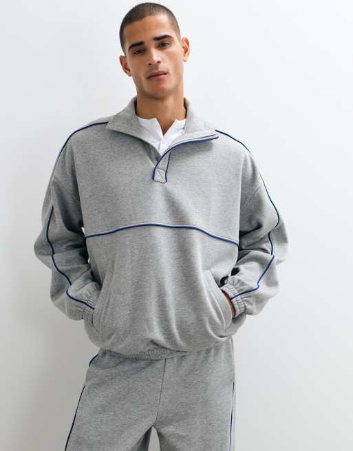 ASOS DESIGN co-ord extreme oversized funnel neck sweatshirt and wide leg jogger with blue piping in grey marl, 2 of 3