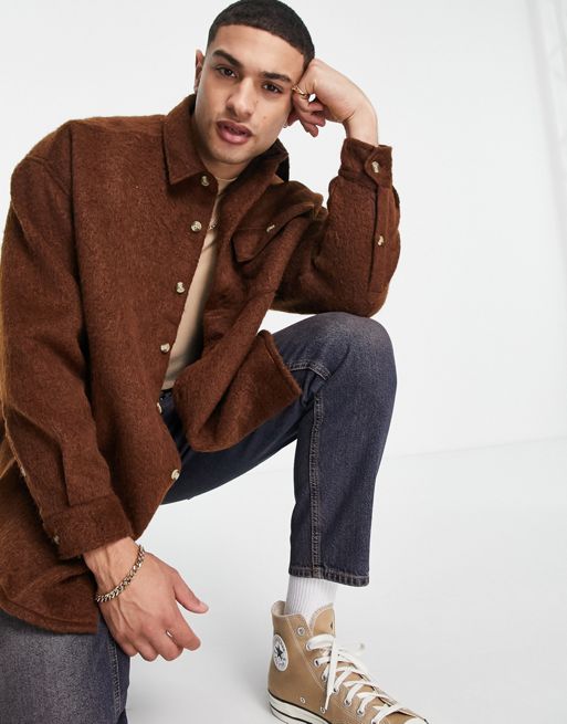 ASOS DESIGN extreme oversized hairy wool mix shirt in brown | ASOS