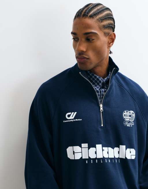 ASOS DESIGN extreme oversized half zip sweatshirt with cinch and mock storm flap in navy, 3 of 5