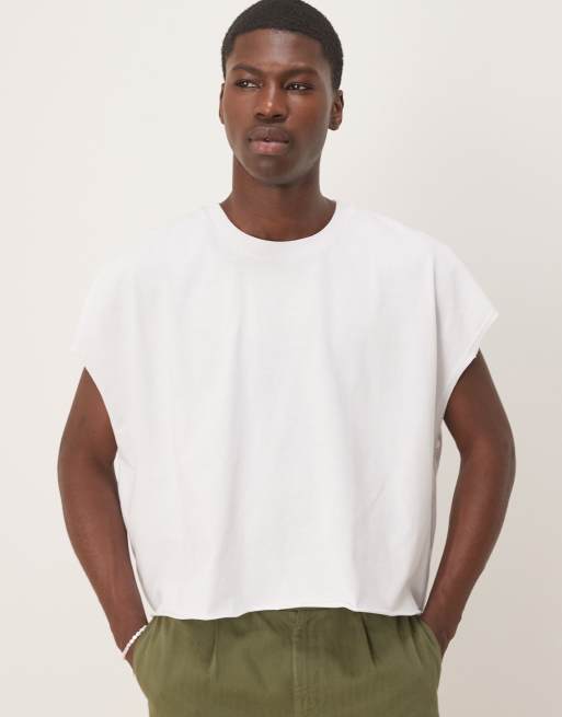 ASOS DESIGN extreme oversized heavyweight cropped sleeveless t-shirt with raw edge in white, 3 of 4