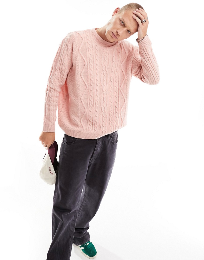ASOS DESIGN extreme oversized heavyweight knitted cable jumper in pink-Purple