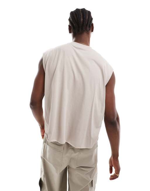 ASOS DESIGN extreme oversized heavyweight sleeveless t-shirt with raw edge in beige , 4 of 4