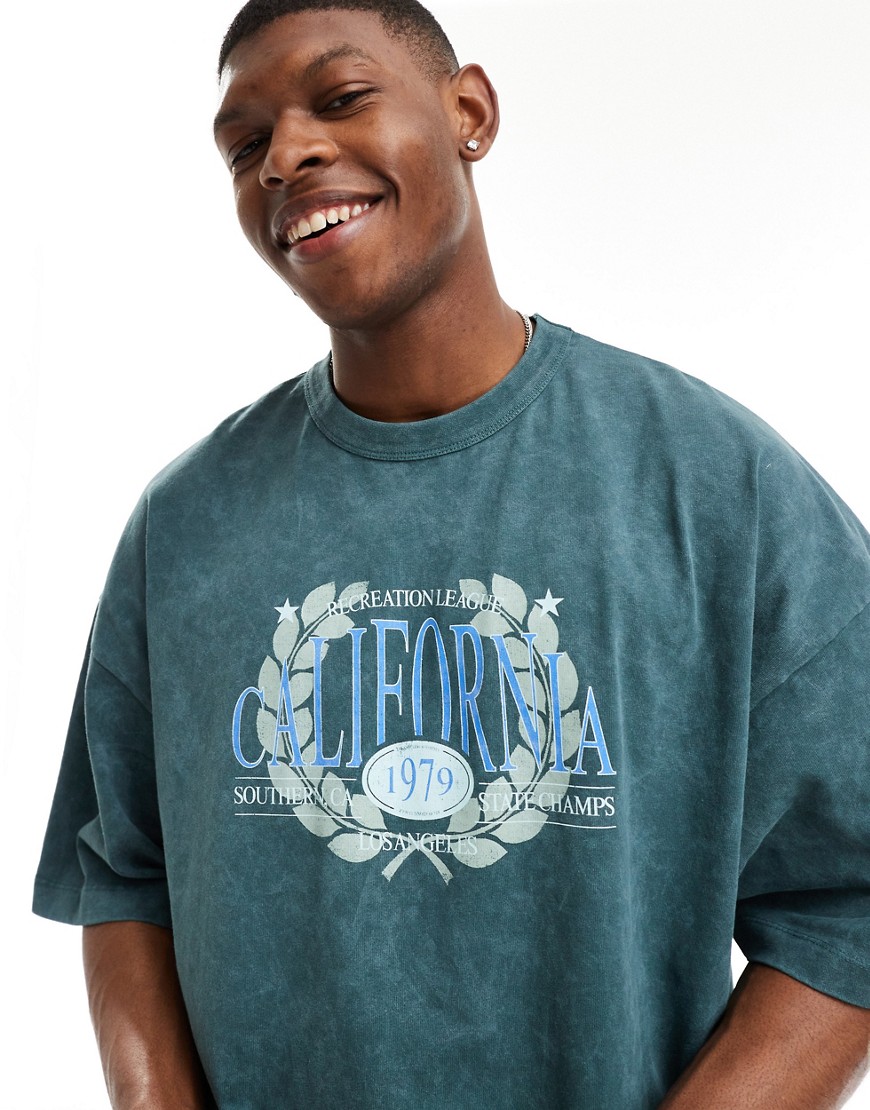 ASOS DESIGN extreme oversized heavyweight t-shirt in washed green with California varsity print