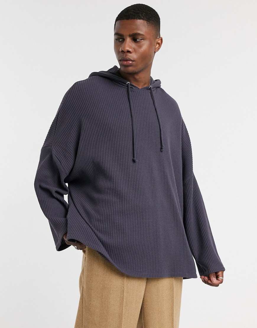 ASOS DESIGN extreme oversized hoodie in washed black waffle-Gray