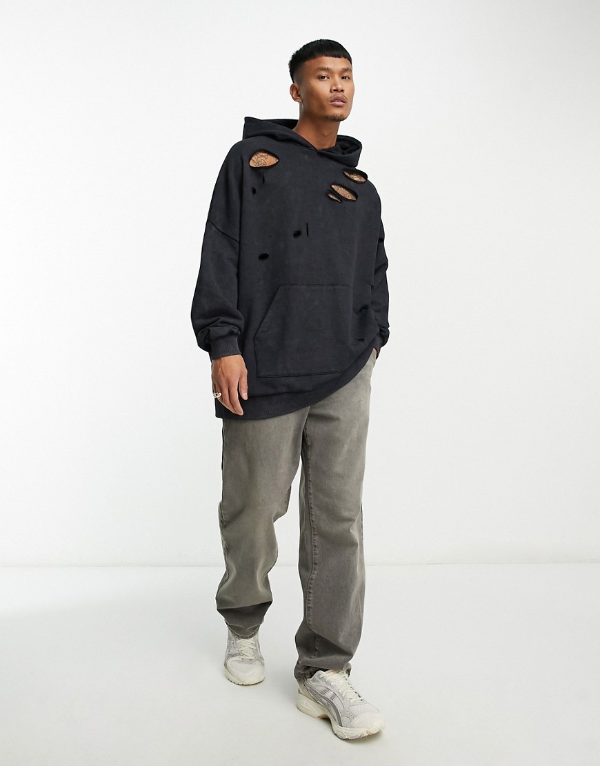 ASOS DESIGN extreme oversized hoodie in washed black with distressing