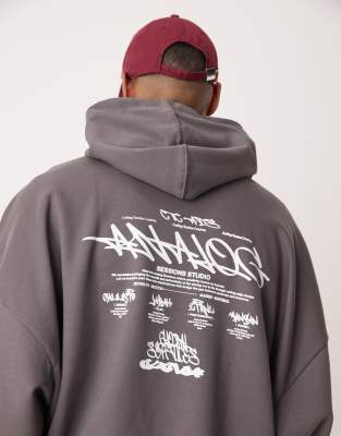 extreme oversized hoodie with back text print in charcoal-Gray