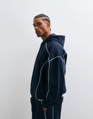 Asos Design Extreme Oversized Hoodie With White Piping In Navy