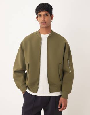Asos Design Extreme Oversized Jersey Ma1 Style Scuba-style Fabric Bomber Jacket In Green