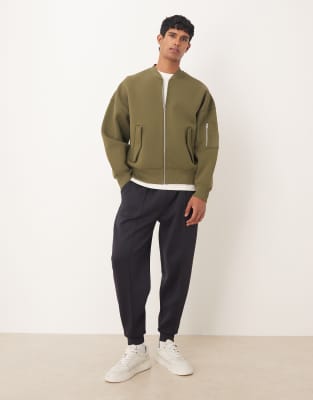 Asos Design Extreme Oversized Jersey Ma1 Style Scuba-style Fabric Bomber Jacket In Green