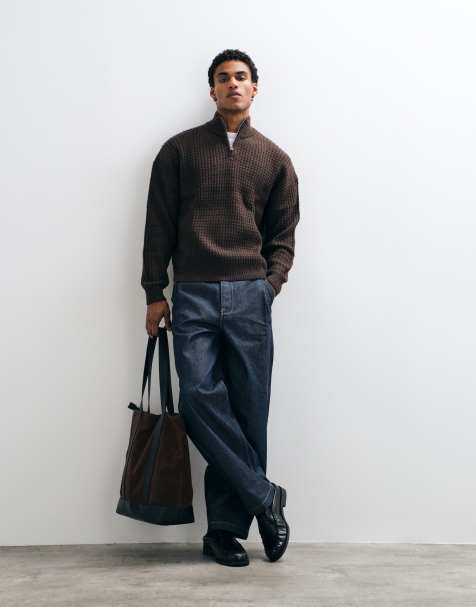 ASOS DESIGN extreme oversized knitted half zip jumper in brown - view 1
