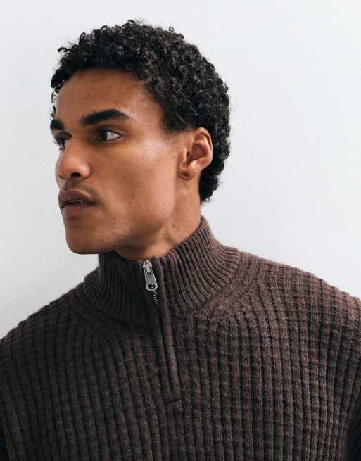 ASOS DESIGN extreme oversized knitted half zip jumper in brown, 3 of 5