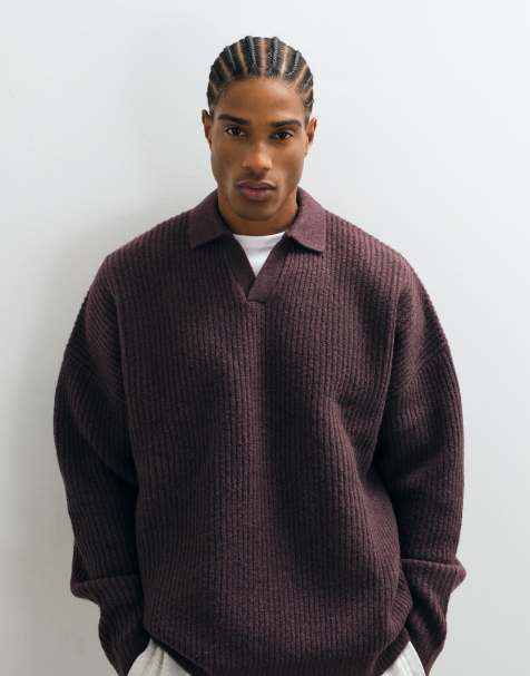 ASOS DESIGN extreme oversized knitted notch neck jumper in burgundy - view 1