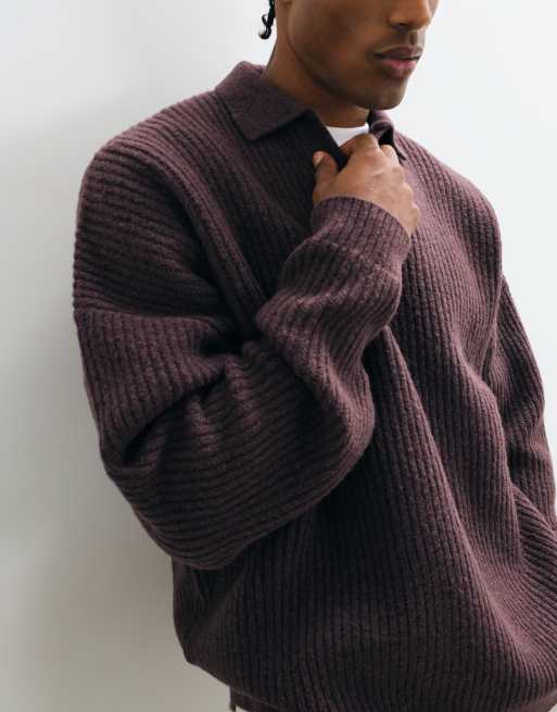ASOS DESIGN extreme oversized knitted notch neck jumper in burgundy, 2 of 5