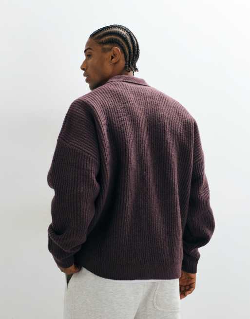 ASOS DESIGN extreme oversized knitted notch neck jumper in burgundy, 4 of 5