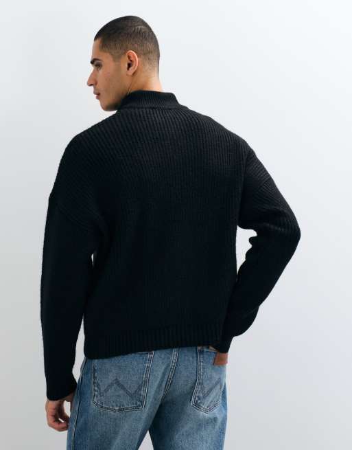 ASOS DESIGN extreme oversized knitted wool blend half zip rib jumper in black, 5 of 5