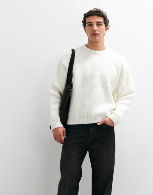 ASOS DESIGN extreme oversized knitted wool blend rib notch neck jumper in ecru, 2 of 9