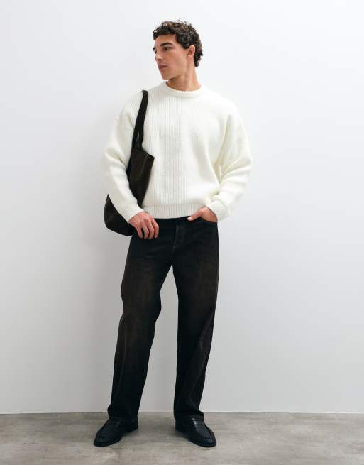 ASOS DESIGN extreme oversized knitted wool blend rib notch neck jumper in ecru, 3 of 9