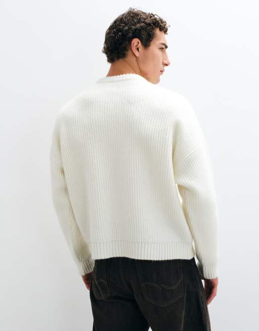 ASOS DESIGN extreme oversized knitted wool blend rib notch neck jumper in ecru, 5 of 9