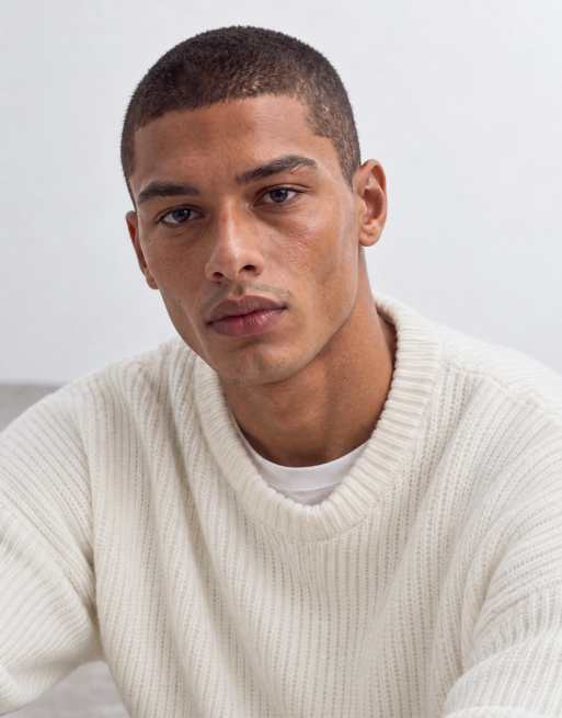 ASOS DESIGN extreme oversized knitted wool blend rib notch neck jumper in ecru, 6 of 9