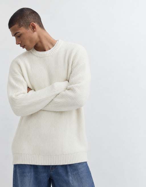 ASOS DESIGN extreme oversized knitted wool blend rib notch neck jumper in ecru, 7 of 9