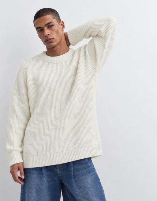 ASOS DESIGN extreme oversized knitted wool blend rib notch neck jumper in ecru, 8 of 9