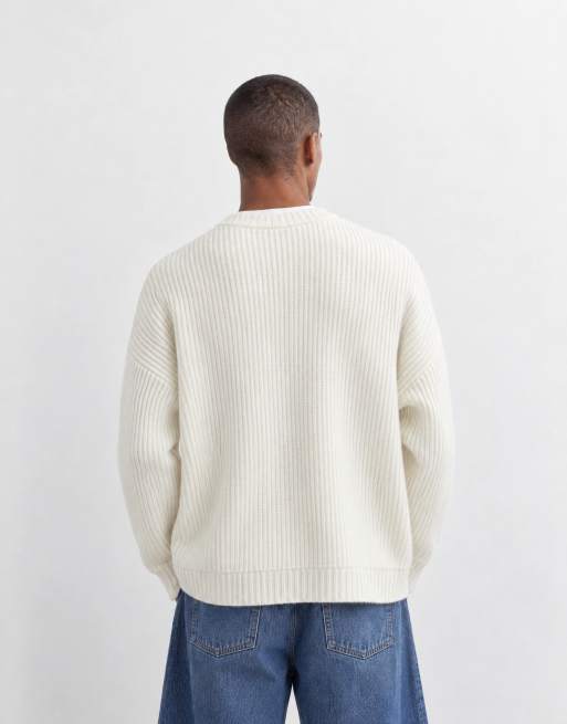 ASOS DESIGN extreme oversized knitted wool blend rib notch neck jumper in ecru, 9 of 9