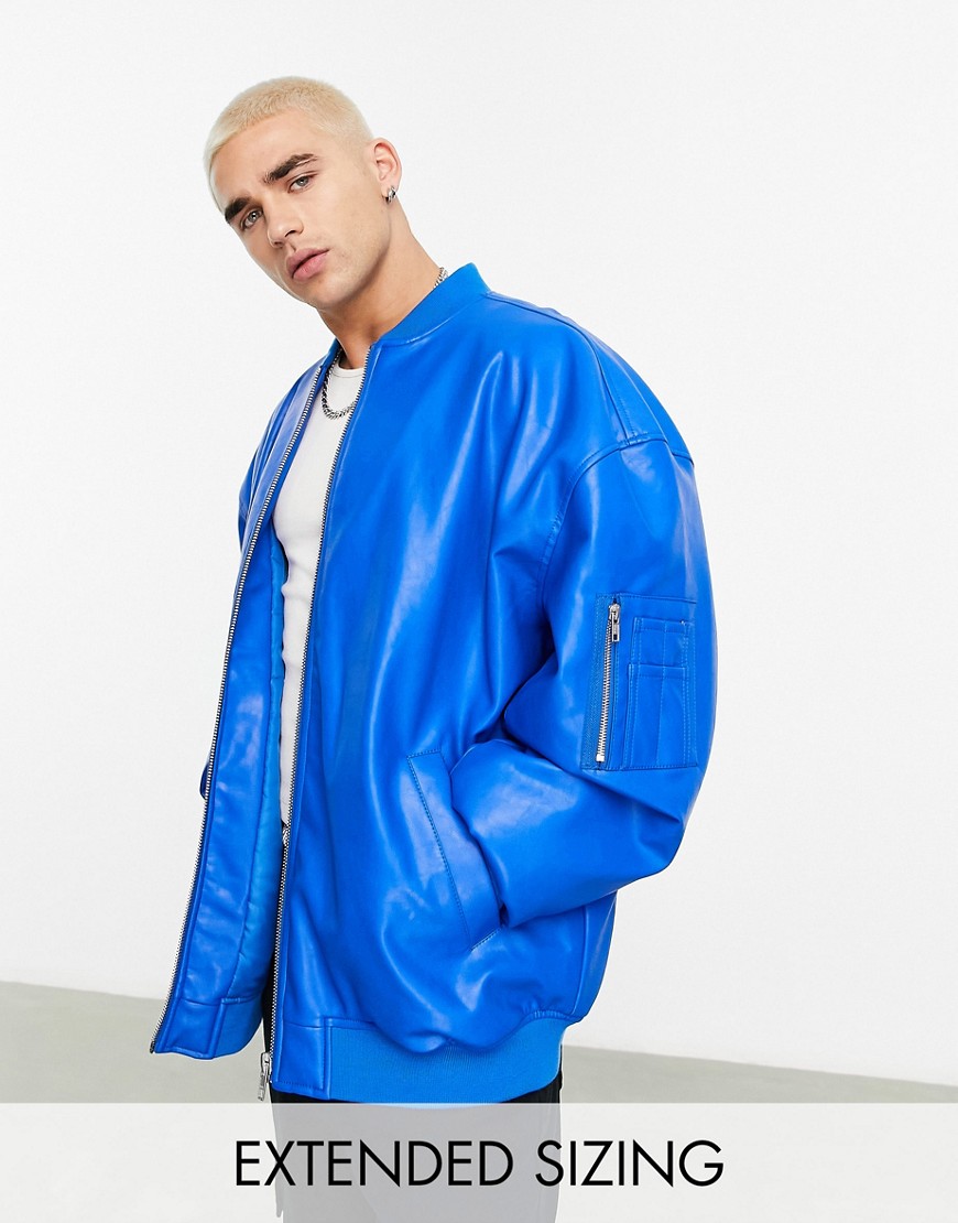 ASOS DESIGN extreme oversized leather look bomber jacket in cobalt blue