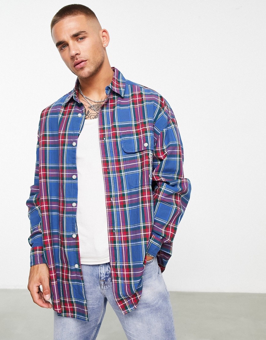 ASOS DESIGN extreme oversized long sleeve shirt in collegiate check with city embroidery-Blues