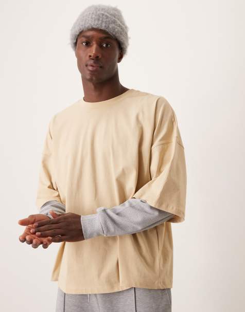 ASOS DESIGN extreme oversized long sleeve t-shirt with double layer sleeves in beige - view 1