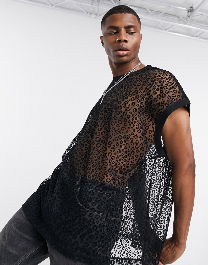 ASOS DESIGN extreme oversized longline sleeveless t-shirt in leopard mesh-Black