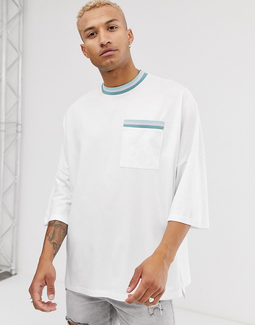 ASOS DESIGN extreme oversized longline t-shirt med asymmetrisk søm og kontrastkant-Hvid