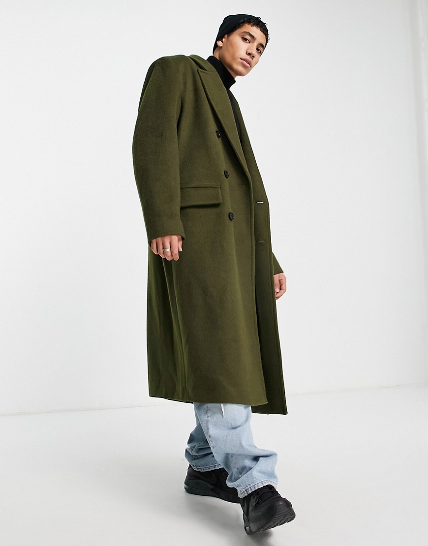 Asos Design Extreme Oversized Longline Wool Mix Textured Coat In Khaki-Green