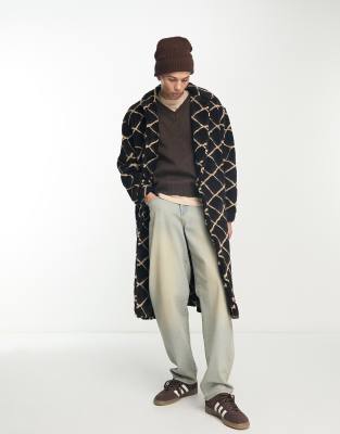 Asos Design Extreme Oversized Monogram Wool Look Car Coat In Brown